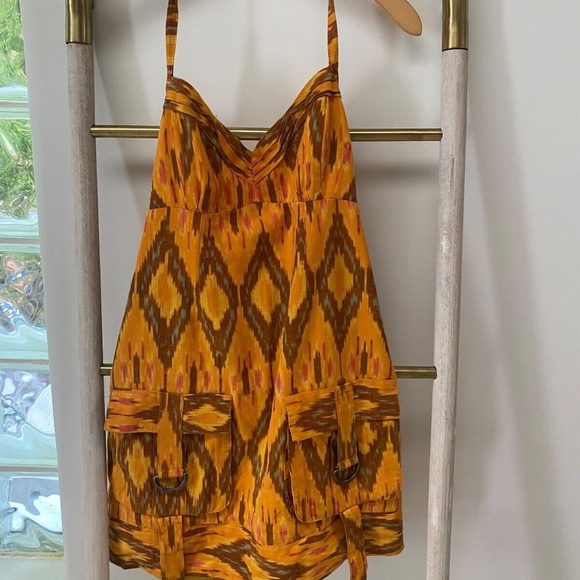 Nanette Lepore Womens Abstract Halter Back Tie Front Pocket Dress Orange Sz 4 - Picture 1 of 11